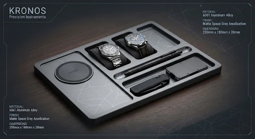 Solid CNC machined 6061 billet aluminum desktop valet tray with integrated circular magnetic wireless charging pad and sculpted slots for horology timepieces and pens. Matte space gray anodization with clean geometric wireframe desk lighting.