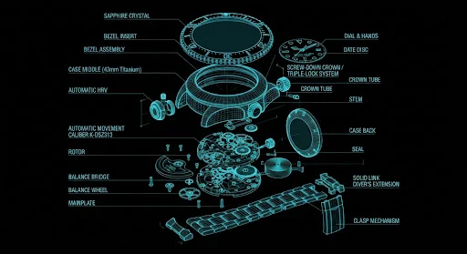 Technical exploded wireframe CAD schematic render of a luxury mechanical watch movement, casing, sapphire glass, bezel assembly, and helium release valve in cyan wireframes on deep pitch black background.