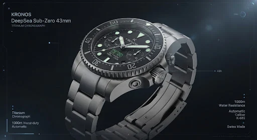 Isometric perspective of the KRONOS titanium chronograph showing the thick knurled diving bezel, heavy-duty screw-down crown with crown guards, and helium release valve.