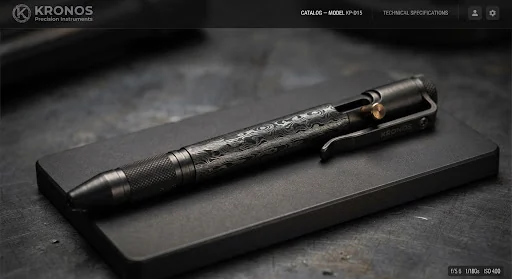 Damascus steel machined bolt-action pen lying on an anodized dark titanium plate. Intricate acid-etched organic pattern in the folded steel with a machined titanium pocket clip and warm brass actuator pin. Cinematic moody luxury studio lighting.