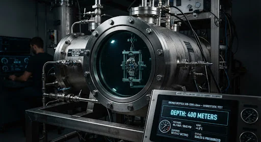 Hyperbaric stainless steel hydrostatic testing chamber with digital digital pressure gauges reading 400 meters underwater depth simulation.