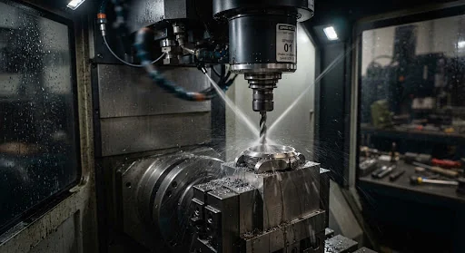 Industrial 5-axis CNC high speed milling spindle spraying coolant oil on a solid block of titanium forming the watch case geometry.