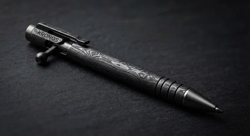 Macro luxury product image of a heavy machined bolt-action executive pen constructed from acid-etched Damascus steel, resting on dark charcoal carbon slate, showing crystalline layered metal grain patterns, precision milled ceramic ballpoint tip, moody dramatic directional light