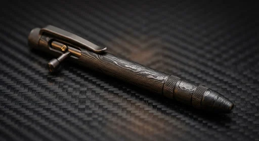 Macro studio product shot of the Vektor Monolithic Damascus bolt-action luxury pen, layered steel ripples on the body, seamless titanium clip, dark carbon background, subtle warm brass reflections on the bolt mechanism
