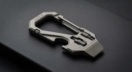 Close up photo of the Apex Modular Titanium Carabiner and multi-tool lying on a matte black anodized surface, integrated bottle opener, pry tip, hex bit driver slots, micro-bead blast surface texture, ultra clean industrial product styling