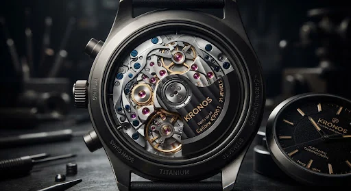 Macro luxury shot of Swiss mechanical chronograph movements encased in solid dark titanium watch chassis, rotating balance wheel, ruby jewel bearings, high-contrast side lighting in industrial dark room, carbon black and subtle brass accents, 8k photography
