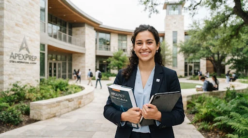 Editorial portrait of a smiling young scholar in an academic courtyard surrounded by modern stone architecture, soft diffused natural daylight
