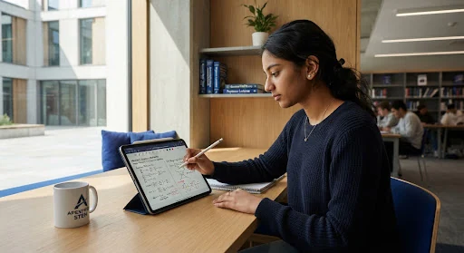 An advanced secondary student in a clean modern architectural study room reviewing complex mathematics and quantum physics diagrams on a digital slate, warm natural daylight casting crisp geometric shadows, sophisticated deep royal blue accents, editorial academic atmosphere