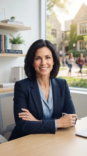 Professional headshot of a female head of university counseling in a bright modern office with campus courtyard blurred in background