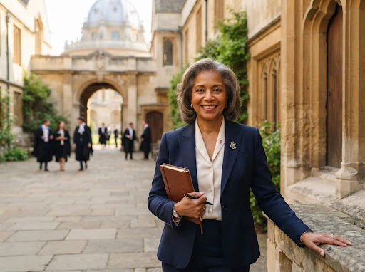 Portrait of an accomplished collegiate mentor smiling confidently in an Oxford lecture courtyard with soft morning sunlight