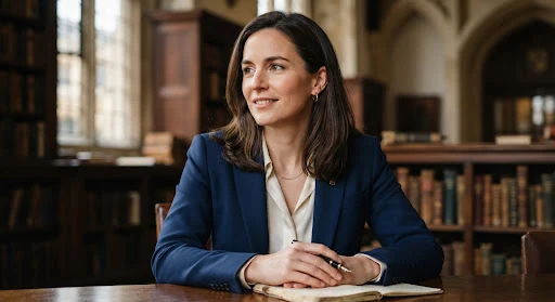 Close-up professional portrait of Dr Claire Vance, female senior academic in late thirties with thoughtful expression, sharp tailored navy blazer, soft natural library lighting with blurred mahogany bookcases in Cambridge backdrop.