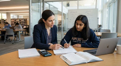 An MIT alumna mathematician working one on one with an AP Calculus BC scholar in a serene glass-walled library seminar room, surrounded by clean architectural lines and research papers.