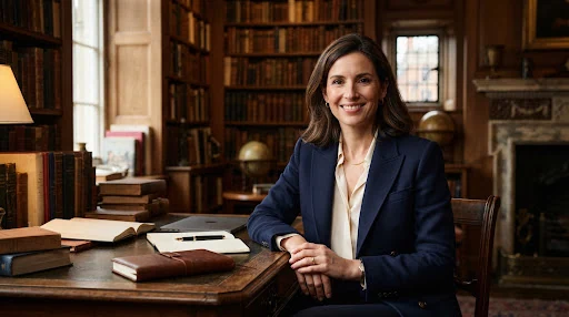 Portrait of an elegant European mother wearing a navy blazer in an artistic London library study