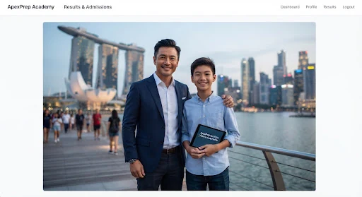 Professional portrait of an Asian father and tech executive outdoors in front of Marina Bay architectural background