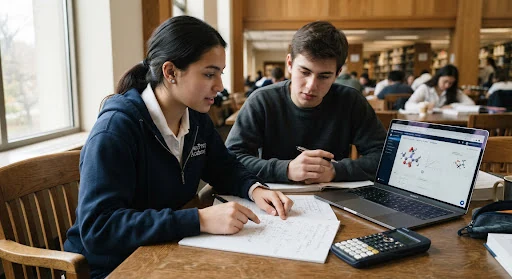 A focused high school student collaborating on an advanced mathematics derivation at a clean wooden desk with graph paper, high-end scientific calculator, and open laptop with molecular physics models, bathed in soft afternoon library window lighting with deep collegiate navy and cool tones.