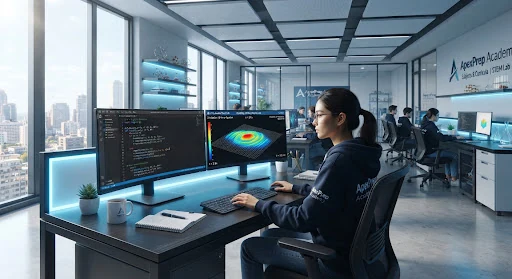 High tech modern classroom laboratory with dual ultra-wide computer displays showing Python algorithms and differential equation wave simulators, sleek minimalist architecture, ambient cool blue LED accents, bright morning illumination.