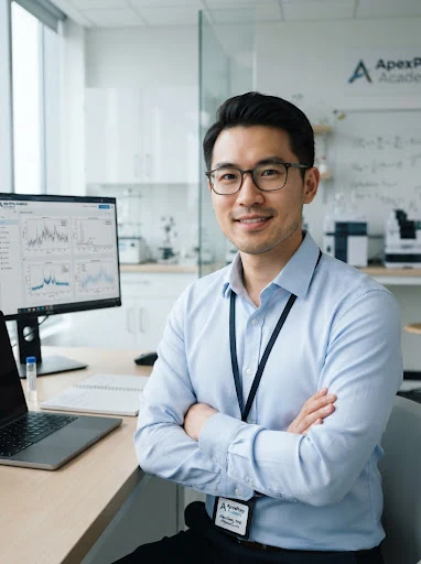 Portrait of Alex Chen, an East Asian male physicist in his early thirties with spectacles, calm confident demeanour, crisp light-blue collared shirt, modern minimalist laboratory or tech studio background.