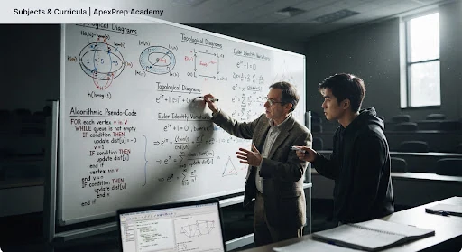 Intense mathematical whiteboard brainstorm session with complex topological diagrams, Euler identity variations, and algorithmic pseudo-code in a university lecture hall setting, dramatic directional natural lighting, serious academic atmosphere.