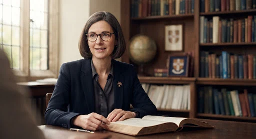 Portrait of Dr. Claire Vance, Head of Academic Diagnostics, elegant professional academic female scholar with glasses in Cambridge study background with scientific books in soft natural library lighting