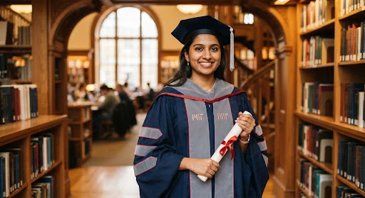 Portrait of a young woman researcher wearing academic regalia at a MIT graduation event with warm library tones