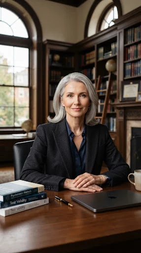 Portrait of Elena Rostova, female standardized test psychometrics expert in her forties with composed analytical expression, elegant silver hair, wearing dark structured blazer in a high-ceilinged study.