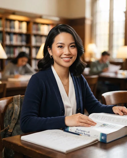 Close-up professional portrait of a successful young female university scholar with warm ambient library background, natural lighting, wearing a navy cardigan