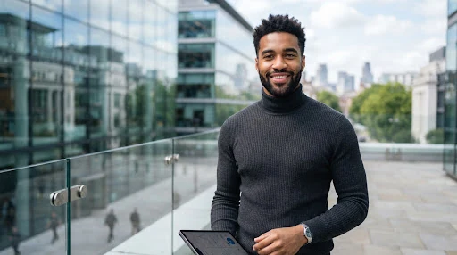 Portrait of Marcus Thorne, late twenties mixed-heritage male software systems researcher, charcoal turtleneck, modern glass building in London South Kensington background.