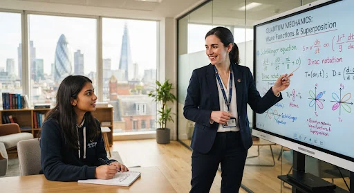 An accomplished Cambridge doctoral physics tutor in a bright modern academic office in London, explaining complex quantum mechanics diagrams on a digital whiteboard to a focused high school scholar.