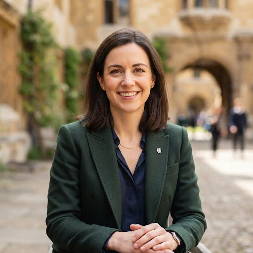 Portrait of Dr Sarah Sterling, British woman in mid thirties with warm academic smile, dark green tailored jacket, Oxford courtyard sandstone background softly out of focus.