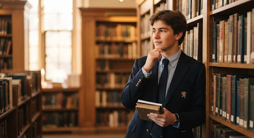 Portrait photo of Julian M, an 18-year-old student dressed in a dark collegiate blazer, looking thoughtfully beside academic bookshelves with warm library sunlight illumination.