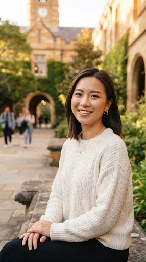 Portrait photo of Beatrice Chen, a young woman in an ivory knit sweater smiling confidently outdoors in an academic courtyard with subtle warm architectural light.