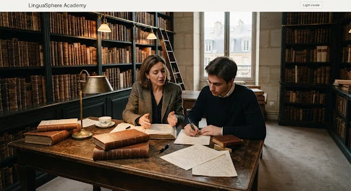 Intimate academic tutorial library in Paris with historic dark wood shelves, warm reading lamps, leather-bound French literature folios on a desk with handwritten notes in elegant script, atmospheric scholarly warm tone, editorial aesthetic.