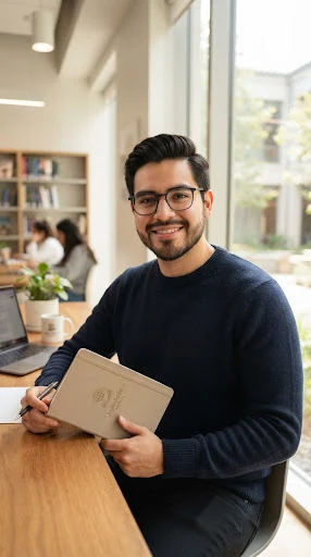 Portrait photo of Carlos D, a young Hispanic scholar with glasses and a navy sweater holding a notebook, photographed inside an airy modern sunlit study room.
