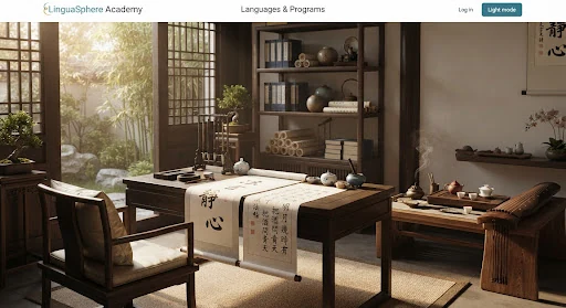 Traditional Chinese scholar study room with ink stones, calligraphic brush scrolls of classical Wenyanwen poetry, warm natural morning light filtering through wooden latticework, elegant tea ceremony setup, tranquil intellectual atmosphere.