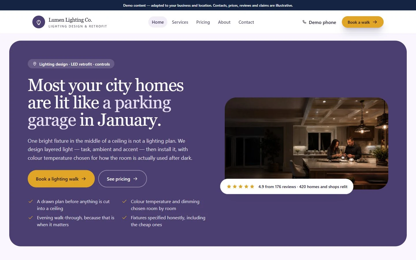 Lumen Lighting Co. website template preview