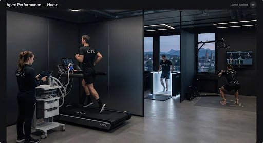 Elite sports science performance clinic in Zurich Seefeld with medical grade metabolic carts, cold plunge contrast baths, dark matte glass partitions, and precision biomechanical hardware