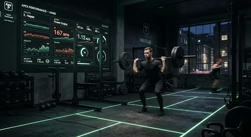 Dark dramatic interior of an ultra-modern athletic performance gym in Mayfair London with matte black Olympic barbells, neon green laser lines on rubber floor, low ambient lighting and scientific telemetry displays on the wall