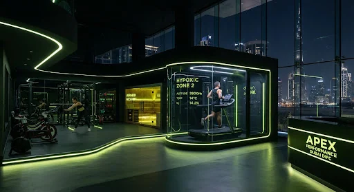 Luxury performance sports lab in Dubai DIFC featuring sleek obsidian architecture, futuristic hypoxic climate chamber, infrared saunas, and neon lime edge lighting accents