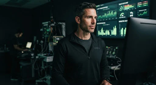 Editorial close portrait of Alexander Vance, a focused 42-year-old tech VC partner with lean athletic build, wearing dark athletic performance apparel, standing in a dimly lit high-performance sports physiology lab with subtle emerald and lime biometric display reflections.