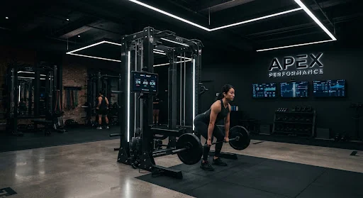High tech dark minimalist sports performance center in Tribeca New York with carbon fiber training racks, physiological monitoring screens, moody architectural overhead LED bars and polished concrete surfaces