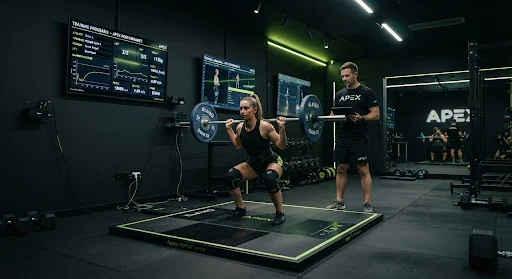High-end private athletic coaching session inside a mood-lit, charcoal and lime sports science lab with high-tech force plates, sleek barbell platforms, and glowing digital telemetry screens on the matte black walls