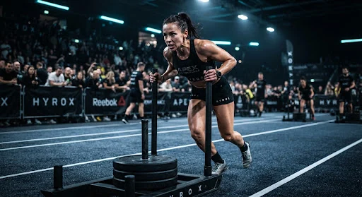 Athletic action-focused portrait of Elena Rostova, a 37-year-old female Hyrox competitor in dark minimal technical athletic gear, focused expression, sweat glistening under crisp high-contrast stadium sports lights with subtle cyan highlights.