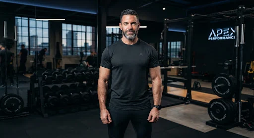 Striking modern portrait of Marcus Thorne, 46-year-old CEO, broad muscular shoulders, wearing minimalist dark tactical gym shirt, standing in a cutting-edge strength and conditioning facility with sleek obsidian and steel weights.