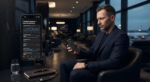 High performance executive reviewing wearable biometric graphs and athletic telemetry on an ultra-thin smartphone in a luxurious dark airport business lounge with sleek carbon aesthetics