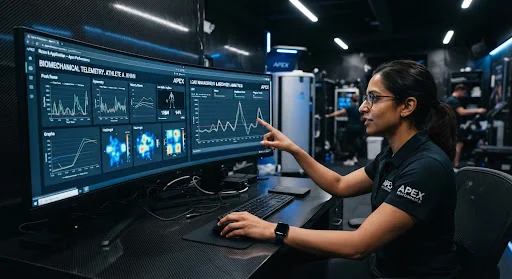 Close up shot of clinical sports physician analyzing real-time biomechanical telemetry charts on glowing dual ultra-wide displays in an elite carbon-themed performance recovery center.