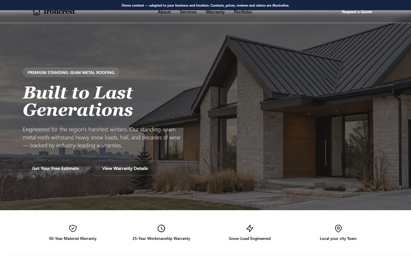 Ironcrest Metal Roofing — Landing Page website template preview