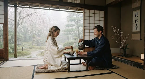 Minimalist zen elopement portrait in an ancient wooden teahouse in Kyoto Japan. Gentle morning soft mist, delicate weeping cherry blossoms outside the open shoji screens, a couple seated in elegant contemporary tailored silk garments pouring ceremonial matcha. Peaceful serene composition, muted earth tones and subtle moss greens.
