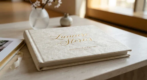Close up shot of handcrafted Japanese raw natural silk photo album resting on a minimalist limestone table, embossed gold calligraphy lettering, ultra luxury museum book design.