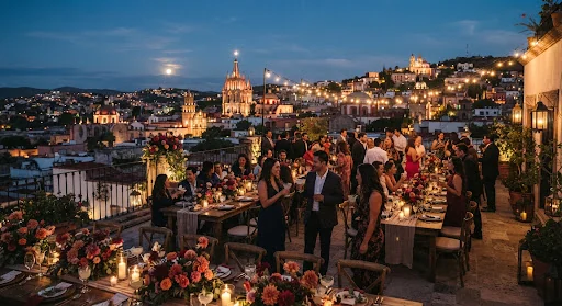 Sweeping twilight landscape of a rooftop reception over the colonial church spires of San Miguel de Allende Mexico. Strings of bistro fairy lights, overflowing tables adorned with dahlias, gentle silhouette of guests drinking mezcal cocktails.