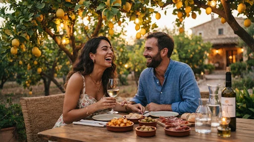 Intimate portrait of an international couple laughing during outdoor tapas dinner under lemon groves in Mallorca, golden warm light